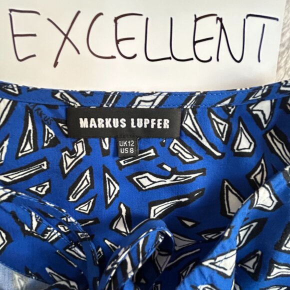 Markus Lupfer Womens Blue Geometric Print Short Sleeve Tiered Midi Dress Size 8 - Picture 4 of 12